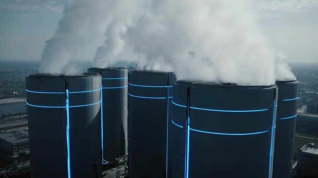 Aerial orbit around massive data center cooling towers emitting soft white vapor.