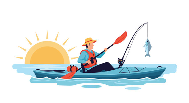 A man in a straw hat and orange life vest is kayaking and fishing with a red paddle and rod on calm blue water during a bright yellow sunset.