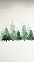 Fototapeta premium Watercolor Christmas trees with golden stars in green shades on textured paper background for holiday greeting cards and seasonal decorations.
