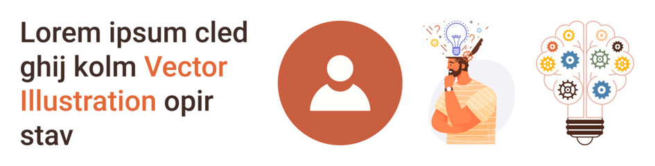 Creativity, user interface, teamwork, brainstorming, innovation, and profile design. Abstract light bulb with gears, male figure in thought user profile icon. Creativity and user interface visuals © robu_s