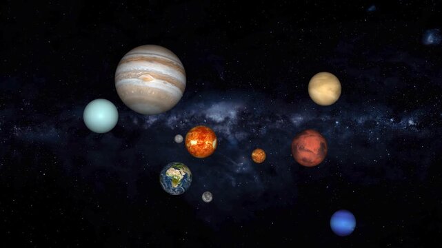 Planets of the solar sun and mercury venus earth mars horizontal all the video with jupiter saturn motion background