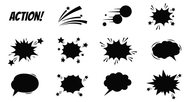 Vector illustration&nbsp;of comic book speech bubbles and action elements set on a transparent background