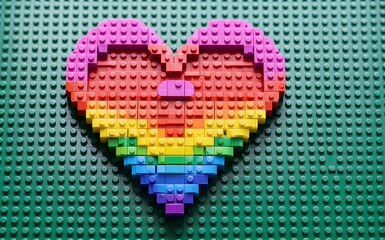 Fototapeta premium Rainbow LEGO heart on green baseplate symbolizing love and diversity.