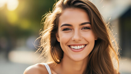 Fototapeta premium Radiant Smile in Sunlight: A captivating portrait of a woman's genuine and infectious smile, set against the warm backdrop of golden sunlight.