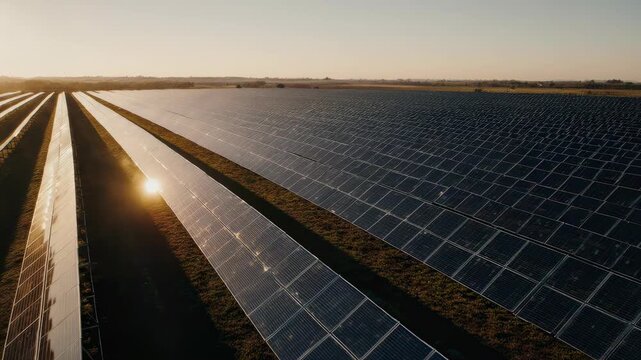 Cinematic drone orbit around a massive solar farm during golden hour, panels reflecting warm sunlight