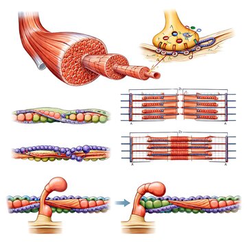 Anatomy of Muscle Contraction and Neuromuscular Junction Diagram - Detailed Illustration of Myofibrils, Sarcomere, and Sliding Filament Theory.