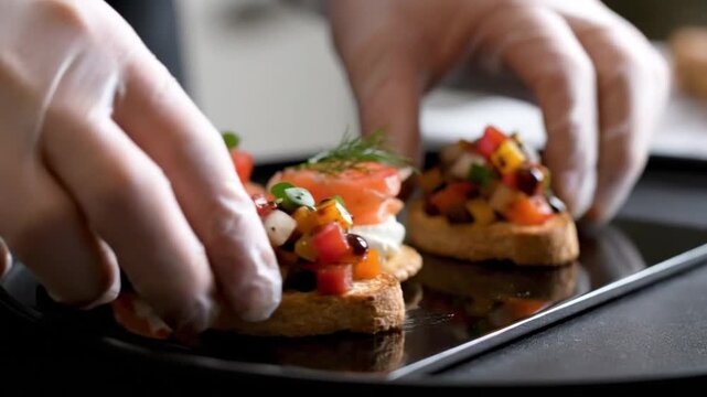 Close-up shot of a chef wearing gloves carefully arranging gourmet bruschetta appetizers topped with diced vegetables and herbs on a serving tray.