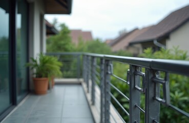 Fototapeta premium Outdoor balcony railing, sturdy metal construction, modern design. Potted plant on tiled floor, view of neighboring houses and greenery. Safe exterior space for urban living.
