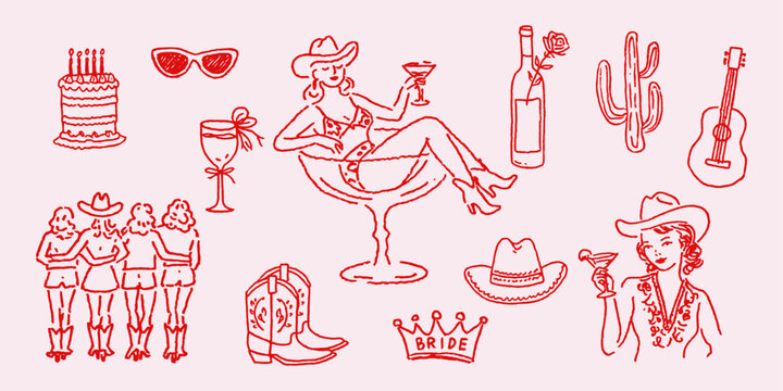 Whimsical Cowgirl Bachelorette Party Clipart, Hand Drawn Bridal Shower Illustration