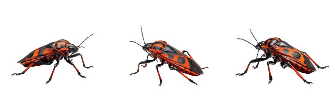Firebug (Pyrrhocoris apterus), isolated on white background, insect, red and black, hemiptera, macro, wildlife, nature, arthropod, garden bug, mating, group, set