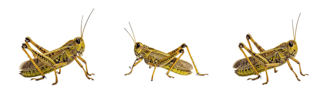 Egyptian Grasshopper Anacridium aegyptium isolated on white background, locust insect group, macro side view, grasshopper bug, orthoptera pest control, specimen.