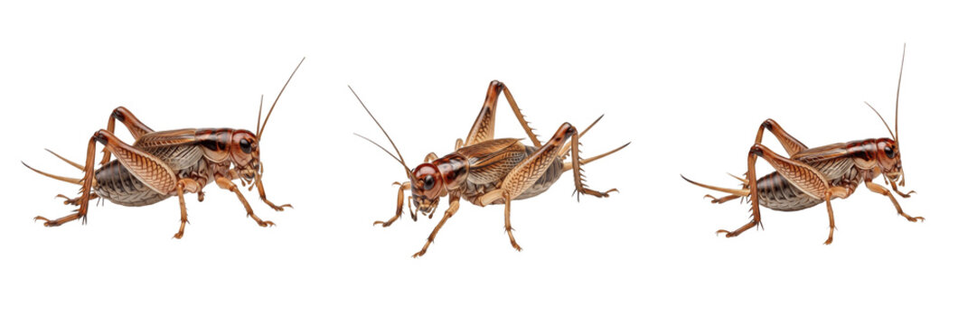 House Cricket Acheta domesticus isolated on white background, brown insect group, macro side view, domestic cricket bug, orthoptera live feeder bait, pest control.