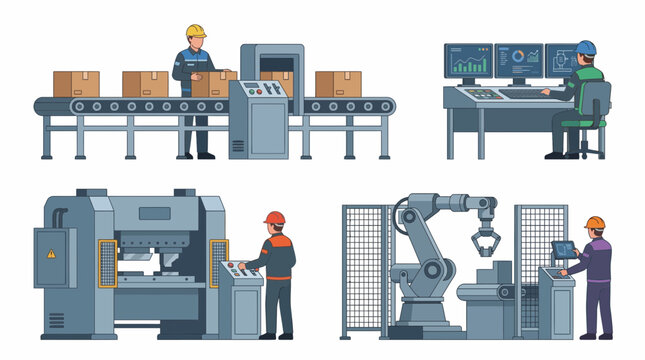 Industrial machine operator scenes with packaging conveyor and robot workcell