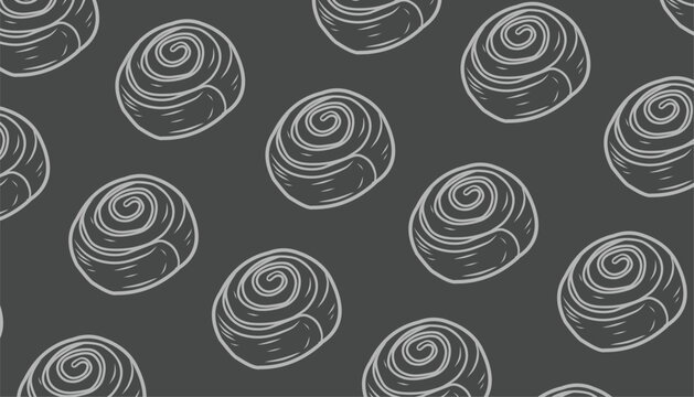 Cinnamon Roll Seamless Pattern. Sweet Pastry Bakery Illustration. Hand Drawn Swirl Bread. Doodle Food Background. Decorative Textile Packaging Design.