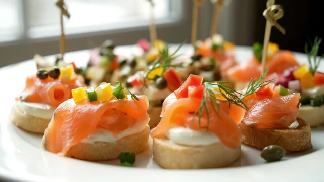Close-up shot of gourmet salmon canap&eacute;s arranged on a tray, topped with fresh herbs and diced vegetables, secured with decorative toothpicks.