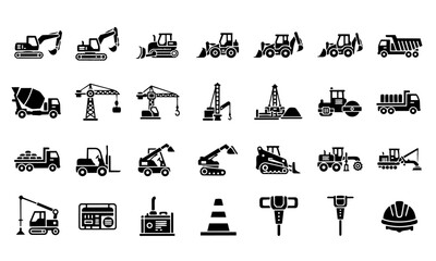 Heavy Construction Machinery Equipment Silhouette Icons © Mahmudul