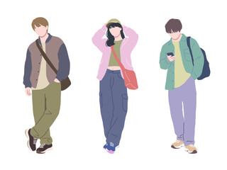 Obraz premium フラットイラスト カジュアルファッションの若者 表情無し 