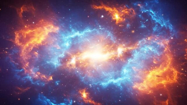 Vibrant galaxy with swirling clouds of orange and blue gas, illuminated by a bright central star. Perfect for presentations, educational materials, and astronomy publications.