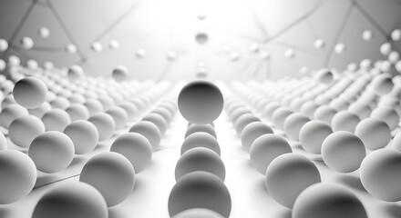 Obraz premium Abstract 3D render of white spheres arranged in a wavy grid, clean minimalist geometry, conceptual technology background, uniform matte texture, architectural landscape of pearls, futuristic pattern, 