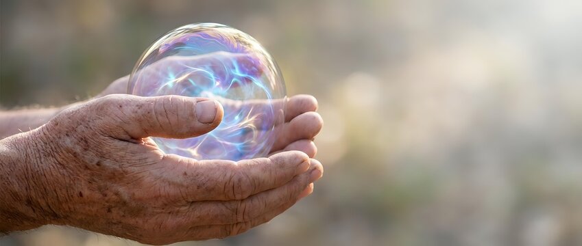 Elderly hands gently holding glowing crystal ball with mystical light effects for fortune telling and spiritual guidance concepts.