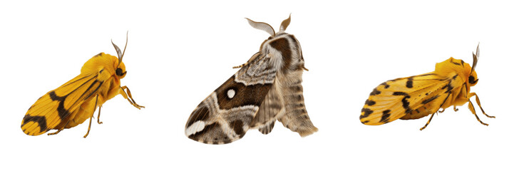 Naklejka premium Yellow Emperor Moth Io Moth Isolated on White Background PNG Collection Flying Wings Insects Nature Wildlife Macro Small Fauna Summer Brown Gold Bug Lepidoptera Element Set