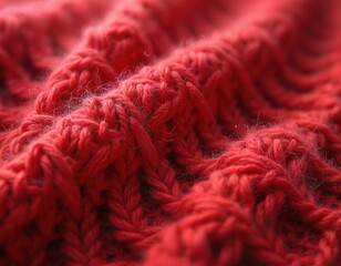 Fototapeta premium Red knitted wool texture close-up. Macro view of thick yarn stitches and soft fibers. Cozy warm fabric pattern background for winter apparel or home decor.