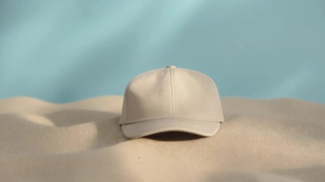 Close up shot of beige baseball cap resting on sand against light blue backdrop with natural sunlight highlighting texture and color