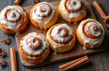 Fototapeta premium Six sweet cinnamon rolls with creamy icing sit on a wooden board. Scattered cinnamon sticks and star anise add warm spice accents. Morning sun light illuminates the pastry.
