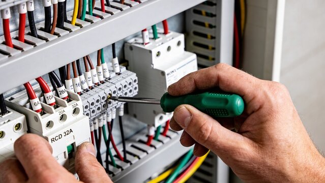 Electrician hands using screwdriver on electrical panel, industrial fuse box wiring maintenance, professional technician repairing circuit breaker