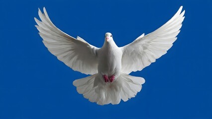 Fototapeta premium A white dove soaring with its wings wide against a vibrant blue sky