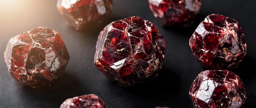 Red jasper gemstones with natural patterns and metallic inclusions on dark surface for jewelry making and mineral collection displays.
