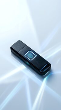 Modern biometric USB flash drive with fingerprint scanner on futuristic white background for secure data storage and digital security applications.