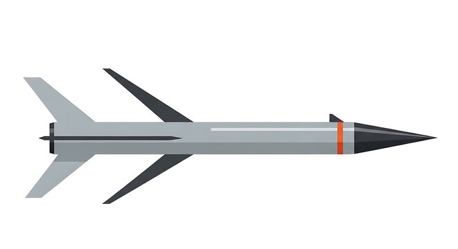 Slim tactical missile vector illustration with grey fuselage and black nose cone featuring large swept back stabilizing wings on plain white background art