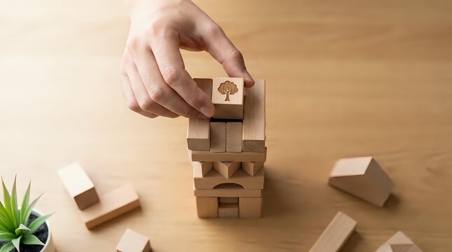 Hand placing wooden block with lightbulb icon on tower of blocks representing innovation and creative problem solving in business strategy.