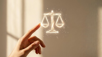 Hand pointing at glowing scales of justice symbol with light particles, representing legal services, law firm consultation, attorney advice, and judicial balance concepts.