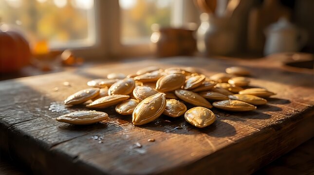 Fresh shelled peanuts scattered on rustic wooden cutting board in warm kitchen lighting for healthy snacking and cooking ingredients.