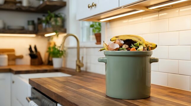 Modern kitchen interior with green ceramic pot on wooden countertop, white subway tile backsplash and warm lighting for home cooking and culinary design.