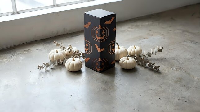 Halloween decorative lantern with carved pumpkin faces surrounded by white mini pumpkins and dried branches on concrete floor for autumn seasonal decor.