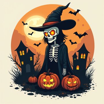 Skeleton witch with pumpkins and spooky houses. Bats fly around a large full moon. Spooky Halloween scene for party invitations and decorations. Celebrate autumn holiday.
