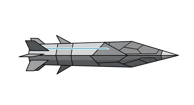 Stealth rocket with geometric panels and glowing blue energy stripe, futuristic advanced warhead design