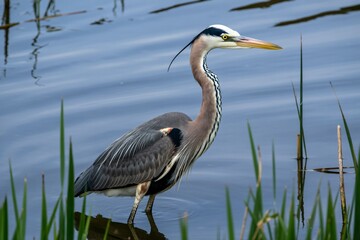 Naklejka premium Majestic great blue heron standing still in shallow water amidst tall green reeds capturing a moment of patience and serene wildlife observation in a natural wetland habitat