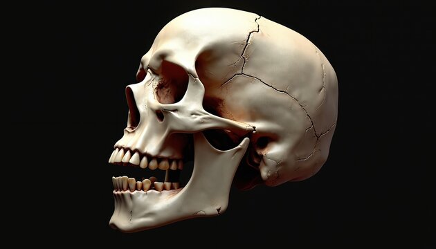 Detailed side view of a human skull against a black background. The mouth is open revealing teeth and jawbone. Cracks mark the cranium suggesting age or damage.