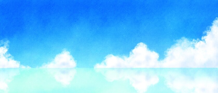 夏の青空と美しい水面と入道雲の幻想的な水彩の背景イラスト
