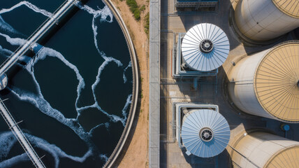Aerial view municipal wastewater treatment plant. Circular sedimentation tanks or biological reactor, Water cleaning facility wastewater treatment plant, Water treatment plant. © Jasmine