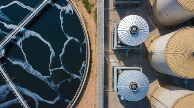 Aerial view municipal wastewater treatment plant. Circular sedimentation tanks or biological reactor, Water cleaning facility wastewater treatment plant, Water treatment plant.