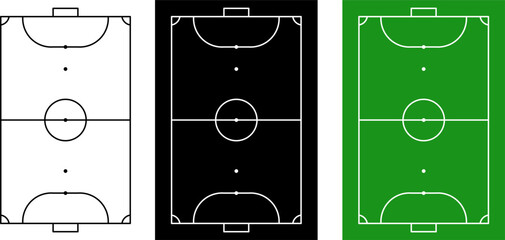 Minimal futsal court top view vector set with outline, black and green field versions. Clean soccer mini football pitch layout for sport infographic, tactics board, coaching diagram and apps. © Slamet