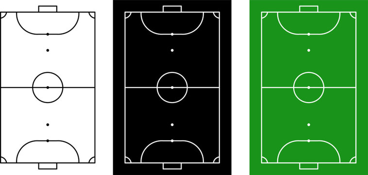 Minimal futsal court top view vector set with outline, black and green field versions. Clean soccer mini football pitch layout for sport infographic, tactics board, coaching diagram and apps.