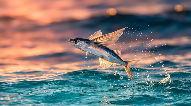 Flying fish leaping from ocean waves at sunset with water droplets and golden sky reflection creating dramatic marine wildlife scene.