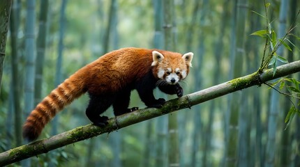 Fototapeta premium Red panda resting on tree branch in bamboo forest habitat. Wildlife conservation and endangered species protection concept for nature photography.