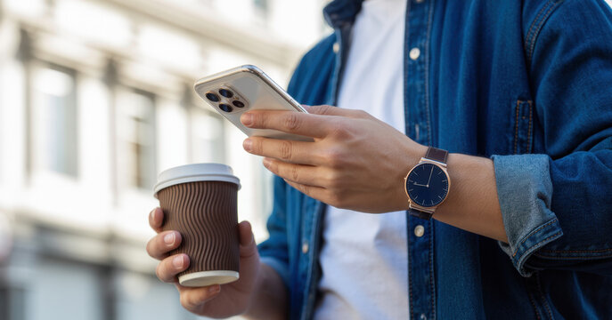 City, hands and person with phone for chat, scroll and browse online or internet. Outdoor, tech and coffee with connection and mobile app for social media, networking and text message to contact